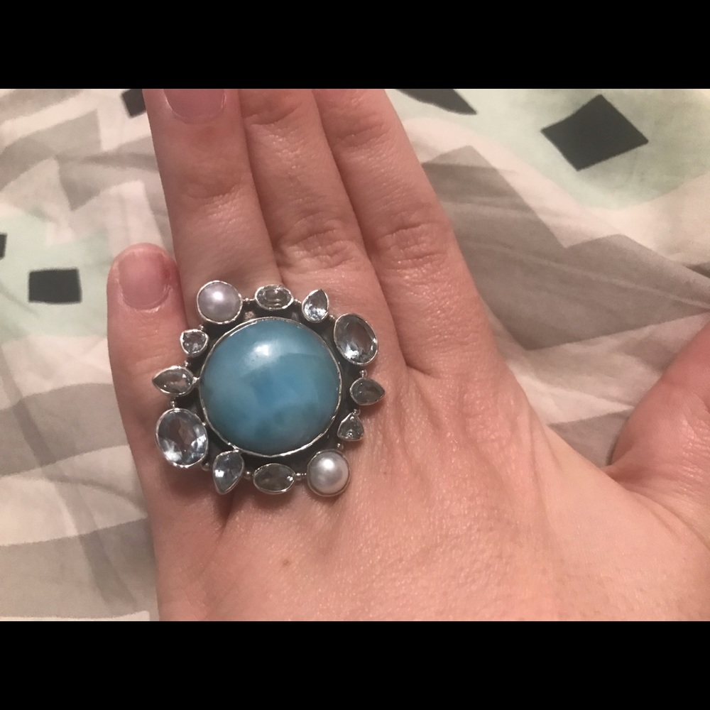 sterling silver larimar blue topaz pearl ring